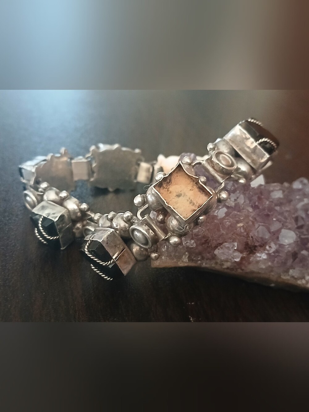 vintage sterling silver & onyx bracelet w/ missing stone
